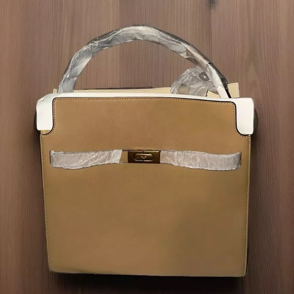 NEW Tory Burch Tan Leather Lee Radziwill Double Bag $1450 Plastic Wrap On - Picture 2 of 7